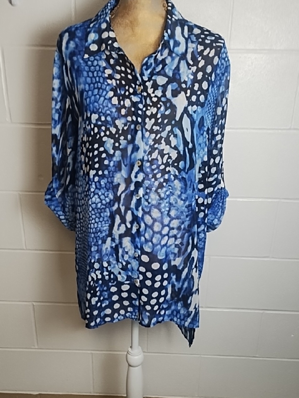 Chico's Blue Multi-Pattern Button-Down Tunic Roll Tab Sleeves Cover-up